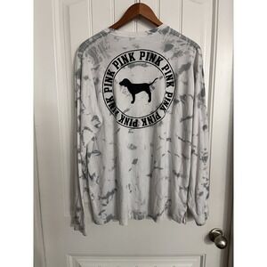 Victoria's‎ Secret PINK White Gray Tie Dye Dog Pocket Long Sleeve Tee Large L